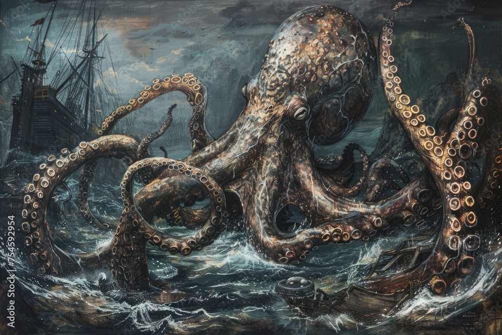 A surrealistic painting of a colossal squid lurking in the depths, its massive tentacles coiled around a sunken shipwreck in a scene of eerie beauty - obrazy, fototapety, plakaty 