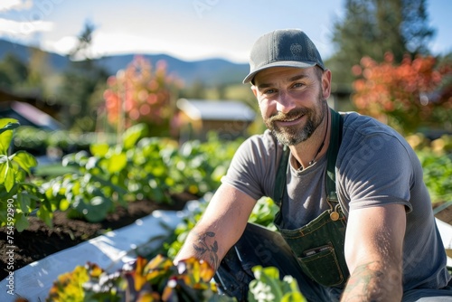 Chef in anonymity Harvesting organic produce on a sustainable farm Emphasizing freshness and farm-to-table dining photo