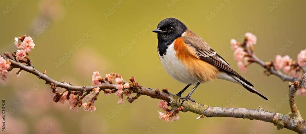 A male Siberian Stonechat bird is perched on a thin branch of a tree, blending into its surroundings with its plumage. The bird seems alert, possibly observing its surroundings. A male Siberian Stonechat bird is perched on a thin branch of a tree, blending into its surroundings with its plumage. The bird seems alert, possibly observing its surroundings.