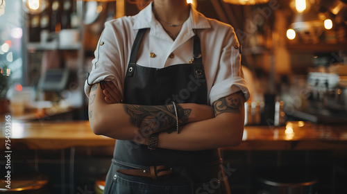 The image depicts a person  likely a chef or bartender  standing in front of a bar or kitchen area.