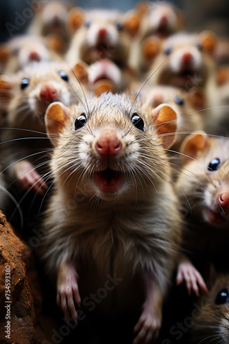 Close-up of mice with bright eyes full of wonder amidst rocks