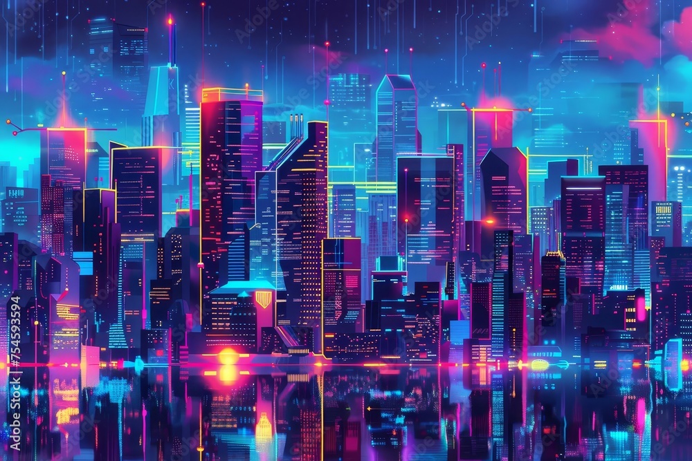 Nighttime cityscape in a cyberpunk metropolis with vibrant neon lights Advanced technology And a hint of dystopian flair. perfect for futuristic city illustrations and digital art projects.
