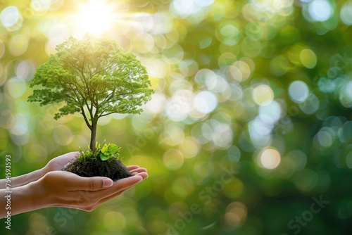 A person is holding a small tree in their hand. The tree is surrounded by a blurry background, giving the impression of a dreamy, ethereal atmosphere. Concept of World Biodiversity Day