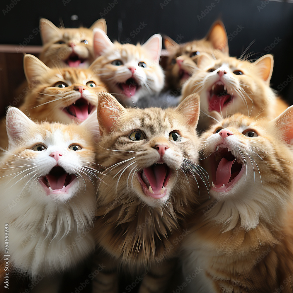 Chorus of ginger cats in an animated pose