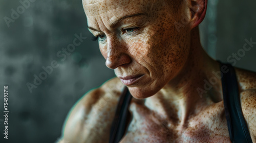 Sanftheit in der Stärke: Nachdenkliches Porträt einer sommersprossigen, sportlichen, muskulären Frau. Blick nachdenklich nach unten gerichtet. photo