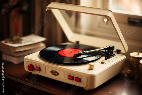 Retro Turntable Playing Vinyl Record in a Cozy Room