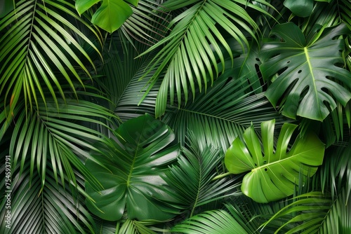 Tropical palm leaves creating a lush background Perfect for summer vibes and nature themes. photo