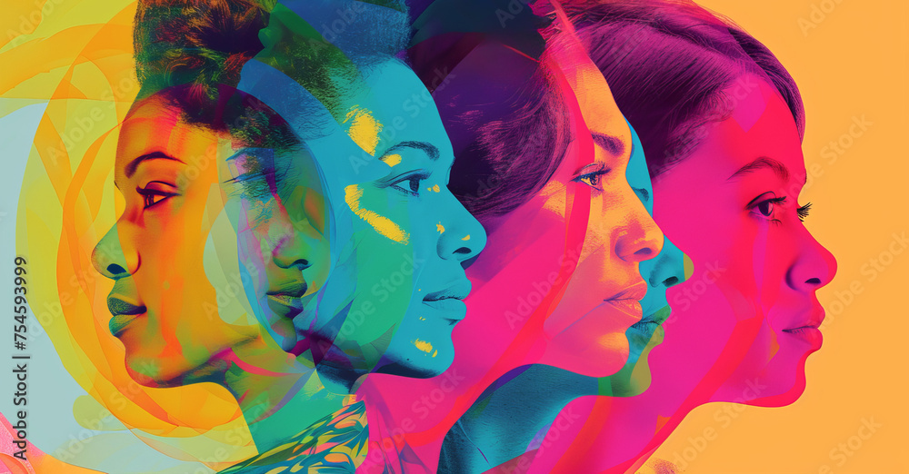 Lebendige Neonvielfalt: Vier Frauenköpfe in strahlenden Farben als kraftvolle Illustration für den internationalen Frauentag, der jährlich am 8. März stattfindet.
