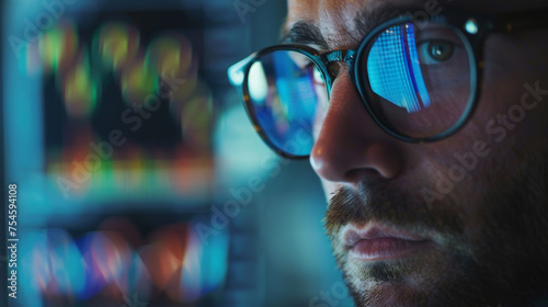 Den Finanzfluss bedenken: Ein nachdenklicher Mann im mittleren Alter mit Brille, dessen Blick in die Ferne schweift, während im Hintergrund Trading-Charts ihre eigene Geschichte erzählen. photo