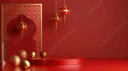 3D Islamic decoration  Iftar  Eid  lanterns  cannonballs  text space and podium with red gold style - generative ai