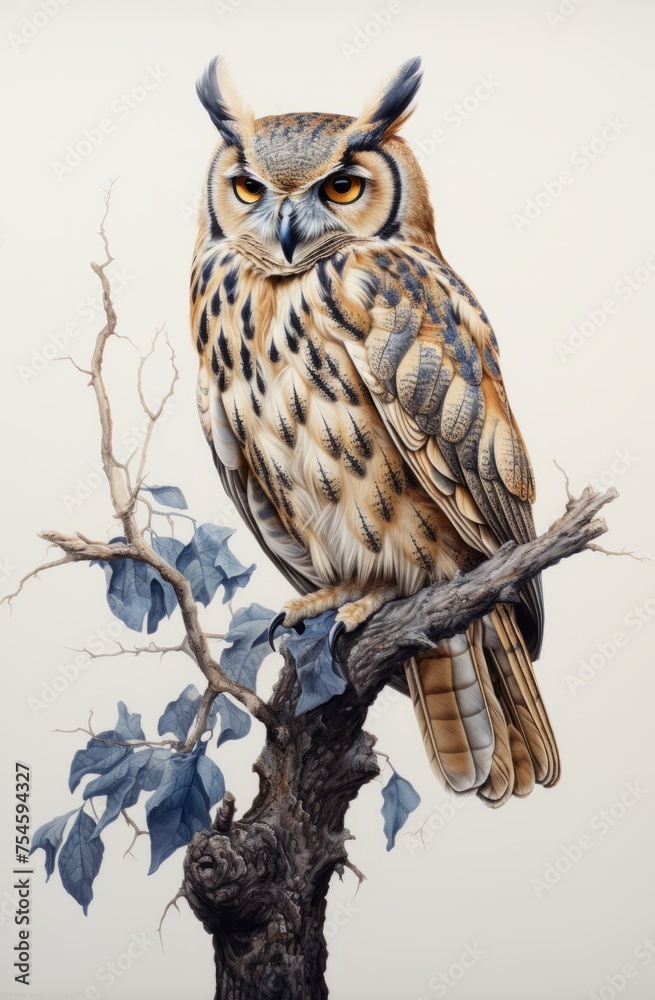 Obraz premium Beautiful horned owl sitting on a big tree on a white background, looking for food. lovely feather markings.