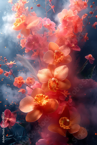 Floral arrangement with colorful smoke and pigments