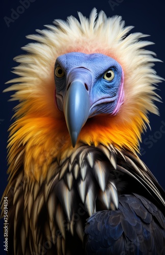 Stunning close up of a vulture looking into the camera lens. Beautiful vibrant coulors of the feathers, yellow black silver white . stunning blue face and beak. photo