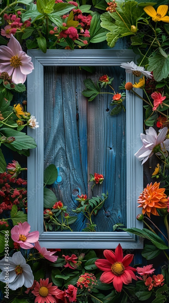 Naklejka premium Blank picture frame surrounded by colorful flowers on wood. Generative AI image