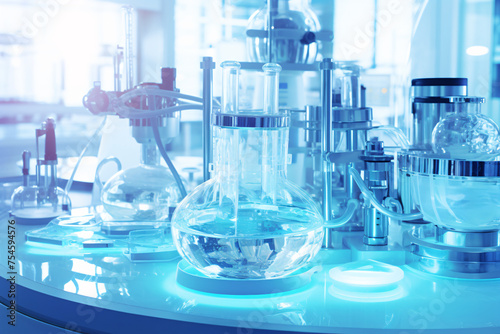 A lab table with many glass beakers and vials of various sizes