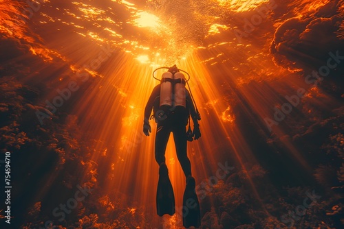 Taucher im Meer, Sonnenlicht bricht an der Wasseroberfläche, Konzept traumhafte Unterwasserwelt photo