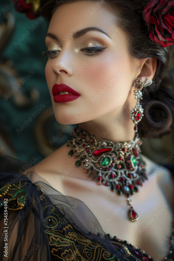 A stunning Statement Necklace, Designer Jewelry, gracing a glamorous woman. Ideal for for showcasing the beauty of the necklace in high-end fashion campaigns, designer showcases, and luxury editorial
