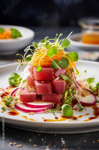 Fresh tuna poke salad on a plate, beautifully arranged in restaurant style. Vertical, close-up, side view. photo