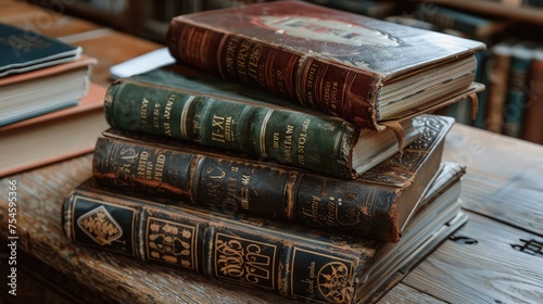 A Stack of Old English Dictionaries on a Wooden Table