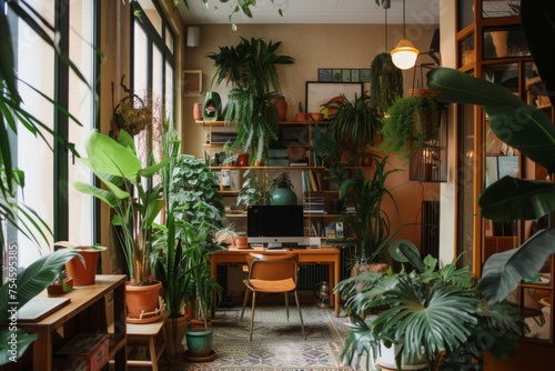 Urban jungle interior of a café and lounge. Space greening, Scandinavian loft-style interior with large windows and wooden furniture. Many indoor plants, love for flowers.