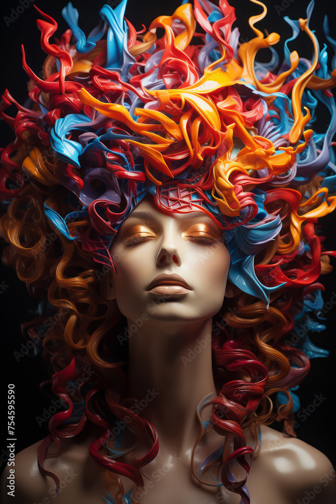 Artistic portrait of a woman with a cascade of colorful curls