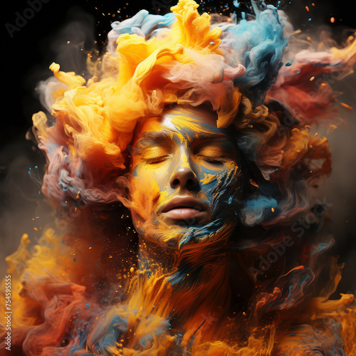 Man's face emerging from a colorful, dreamlike cloud of smoke © jockermax3d