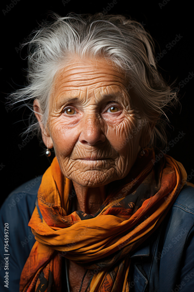 Elderly woman with wise eyes and a colorful scarf portrait Elderly woman with wise eyes and a colorful scarf portrait