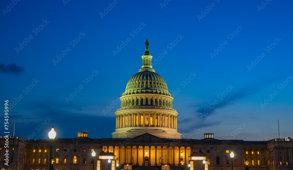 Capitol building at night. U.S. Capitol historical photos. Capitol Hill monuments in Washington D.C.