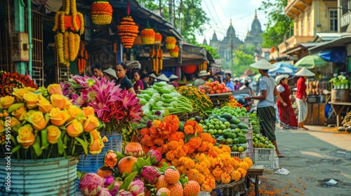 Bustling market brimming with fresh fruits and vegetables among lush greenery