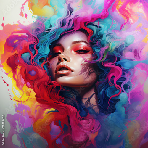 Artistic portrayal of a woman amidst a vibrant color cascade © jockermax3d
