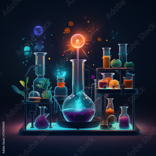 A colorful image of a lab with many glass beakers and bottles