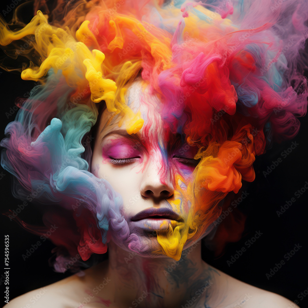 A surreal portrait of a woman with colorful smoke caressing her face