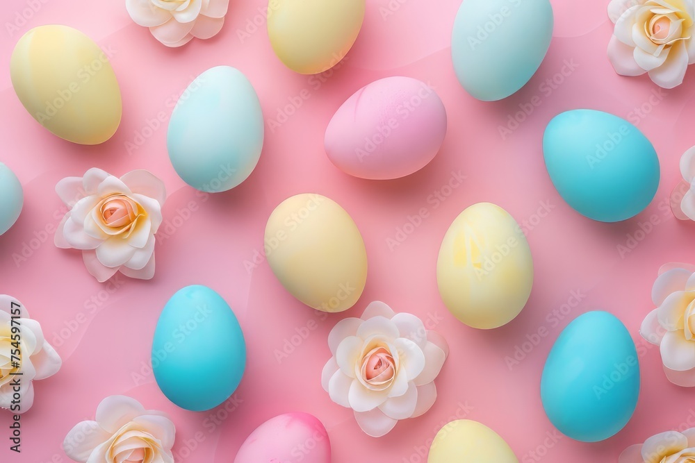 Top view photo of white pink blue and yellow eggs on isolated background.Easter party concept