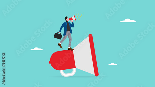 businessman leader with loudspeaker standing on big megaphone giving speech to public, executive management skill to communicate with employee, announcements or promotions concept vector illustration photo