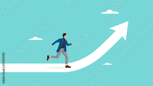 business growth strategy, ambition to success or career development, training to improve employee performance, businessman employees running on career path arrow in rising up direction illustration
