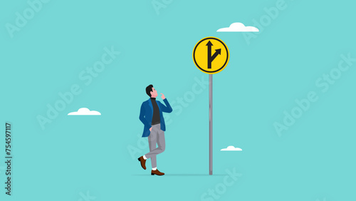 make a decision to choose a career path illustration, choose a path to achieve business goals career success, confused businessman thinking which way to go on folk road sign vector illustration