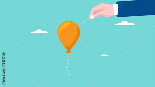 Businessman hand pushing needle to pop the balloon, solve problems or obstacles in achieving business success or financial freedom, problem solving concept vector illustration photo