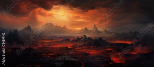 A vibrant sunset casts warm hues over a towering mountain range. The sky is filled with swirling clouds as the sun dips below the horizon. The mountains stand majestically against a sprawling expanse