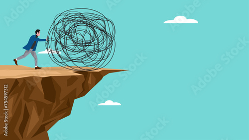 relieve stress or problem illustration, relaxation to relieve anxiety from your brain, Reduce stress concept, stress management, businessman throws a big rock stress into the abyss vector illustration
