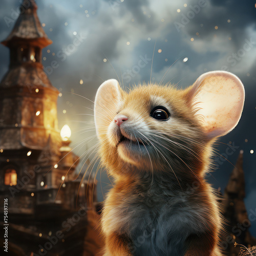 A charming mouse illustration captures a moment of wonder under a celestial night sky © jockermax3d