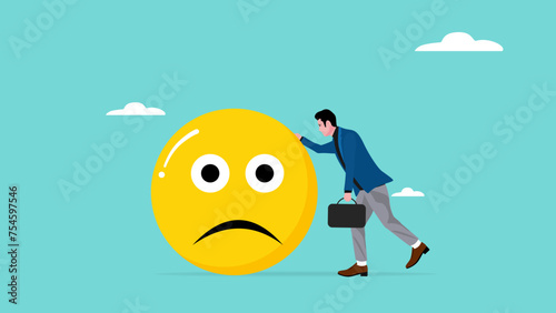 sad businessman leaning on big sad emoticon, business problem or economic recession from financial inflation