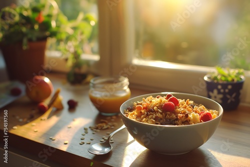 Gesundes Müsli am Morgen, Haferflocken mit Obst in der Küche, Konzept gesunde Ernährung, gesundes Frühstück photo