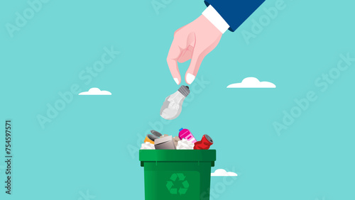 throw away old business ideas, Businessman's hand throws broken light bulb idea into trash can concept vector illustration with flat design style