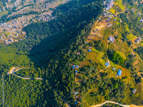 Aerial View of Lamatar, Kathmandu - Terraced Fields and Local Settlements, Nepal