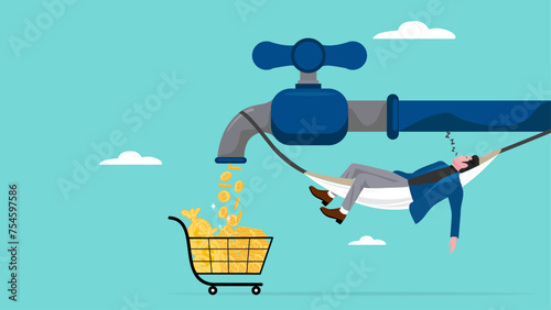 passive income from stock investment dividends, sleeping businessman hanging from a water tap that dispenses golden coins collected in a shopping cart, income from auto pilot business or investment photo