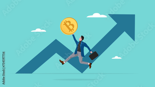 increase in the value of the bitcoin currency, Bitcoin and crypto price rising up, crypto currency value growth, happy businessman investors jumping while carrying bitcoin money with growth graph