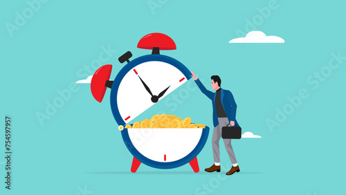 time to make money with concept of businessman opens a large clock containing a pile of gold coins  long term investment  make profit or investment gain concept vector illustration