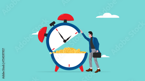 time to make money with concept of businessman opens a large clock containing a pile of gold coins, long term investment, make profit or investment gain concept vector illustration