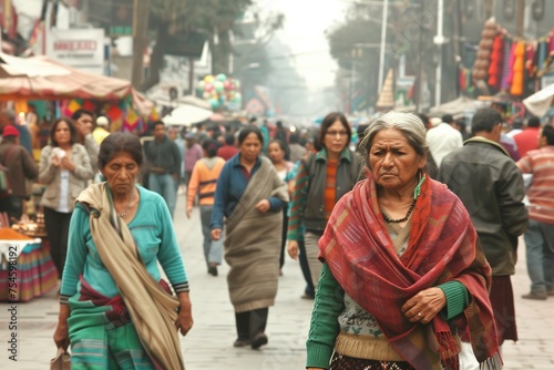 An elderly woman in traditional attire stands out in a bustling market street, lost in thought.