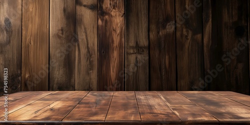 Empty wooden table against a dark wood panel background, suitable for display or montage. © DailyStock